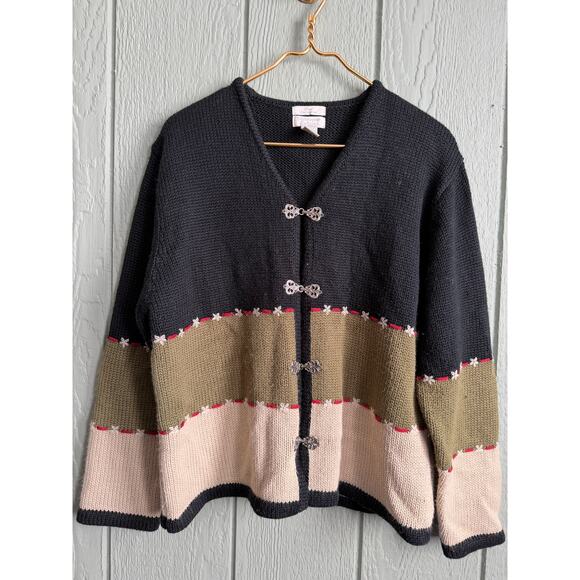 Vintage Knit Cardigan Sweater Scandinavian Hook Closure Embroidered XL Wool - Picture 1 of 6